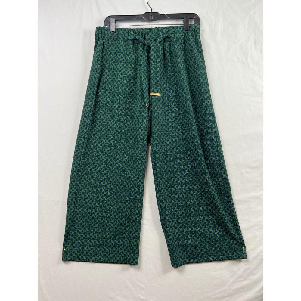 Michael Kors Wide Leg Capri Pants Women M Green Navy Polka Dot Tie Waist Cropped